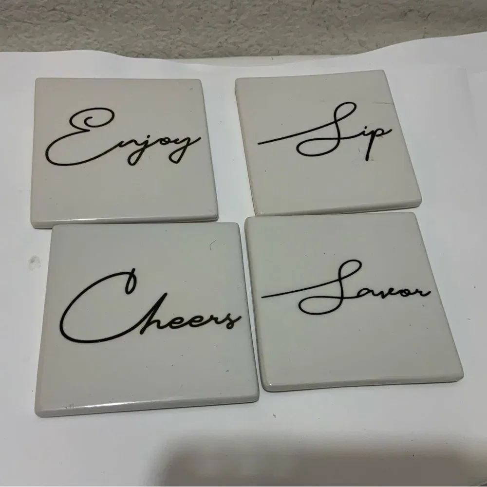 CERAMIC DRINK COASTER SET OF 4 CHEERS SIP SAVOR ENJOY SQUARE 4”x4” A4